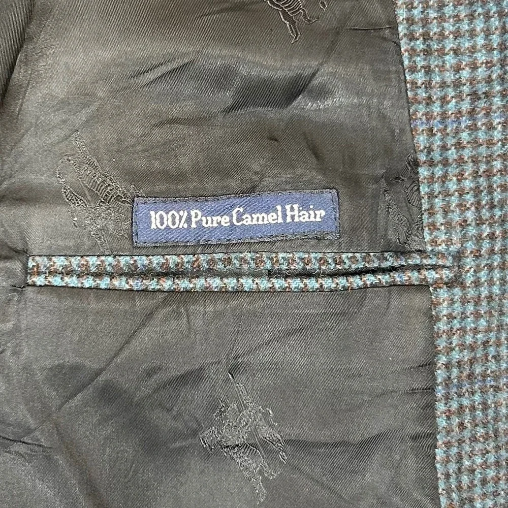 Burberrys Mens Camel Hair Houndstooth Blazer Sport Coat Blue Grey Vintage USA
